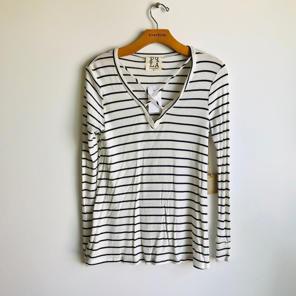 PPLA White/Black Stripe Long Sleeve V Neck Tunic Top Medium